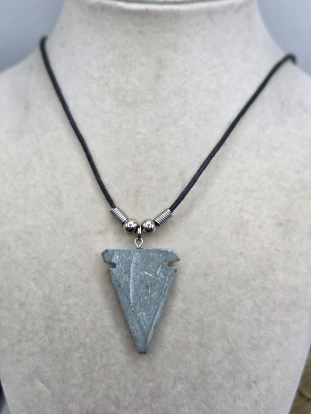Arrowhead Necklace  With Black Cord & Silver Beads Tribal Style